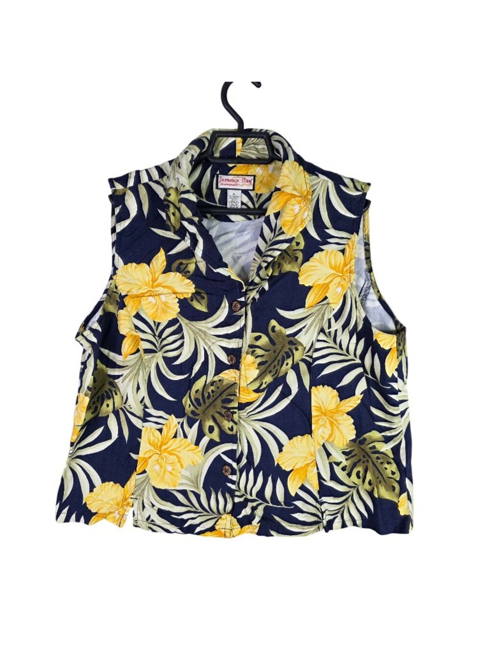 Womens Jamaica Bay Navy & Yellow Hawaiian Sleeveless Shirt Button Up Size XL
